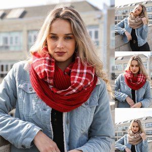 Plaid Ribbed Knit Infinity Scarf